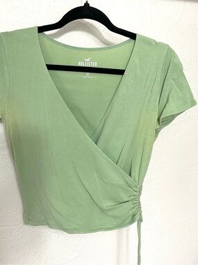 Hollister Sage Green Faux-Wrap Short Sleeve Crop Top